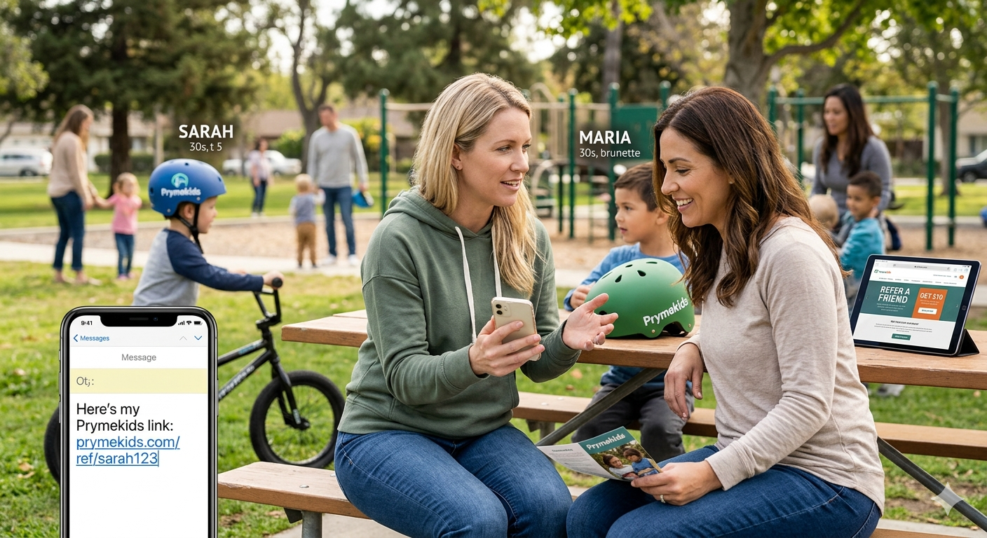 A parent sharing PrymeKids on her phone in a park while her child plays nearby